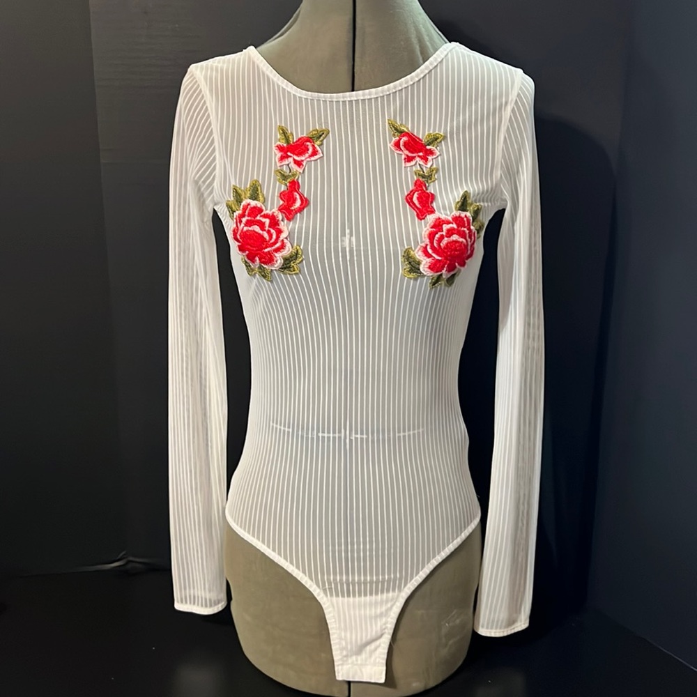 Bodysuit, large, sheer, embroidered, snap.